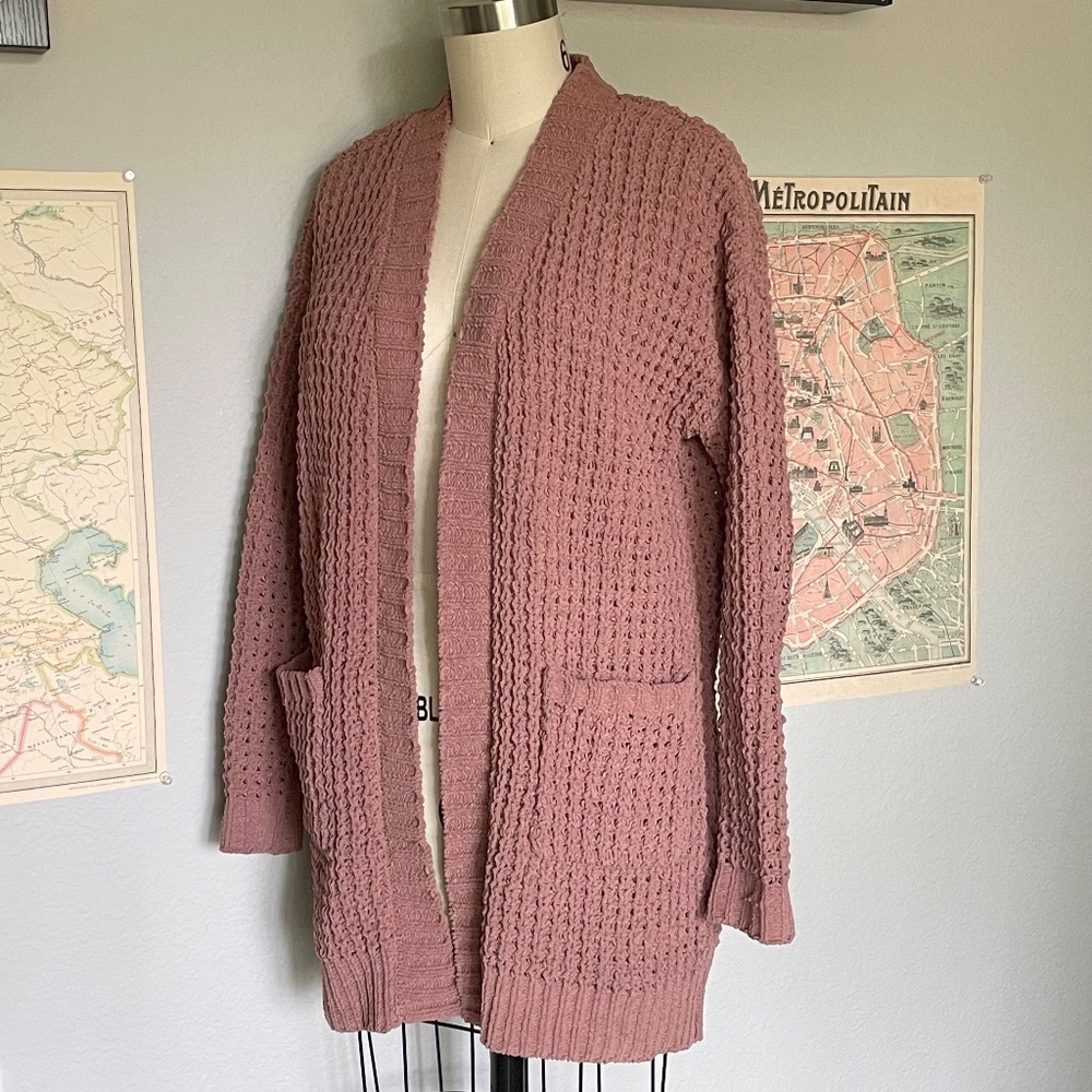 Moon & Madison Soft & Silky Open Knit Chunky Long Cardigan Light Rose Pink In XS